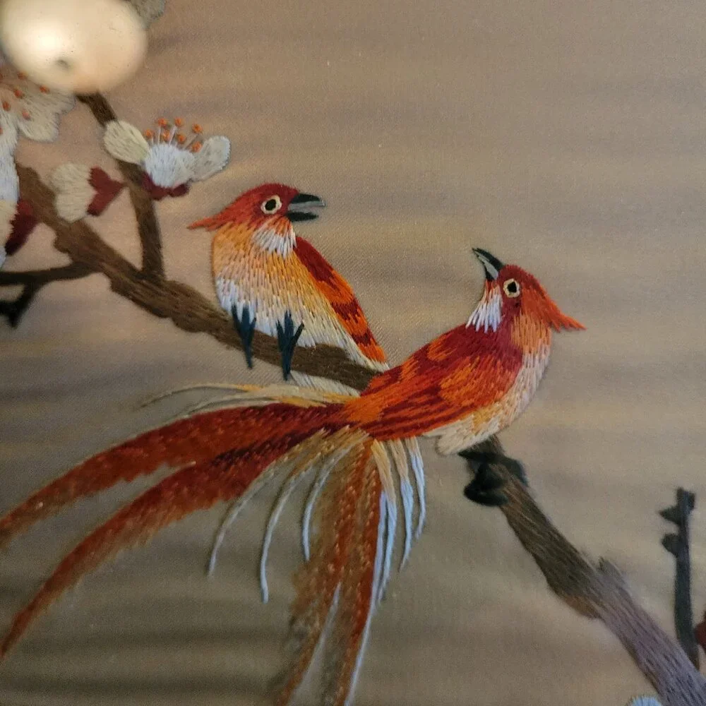 Vintage Japanese Silk Embroidery Handmade Framed Birds Flower Blossom Picture